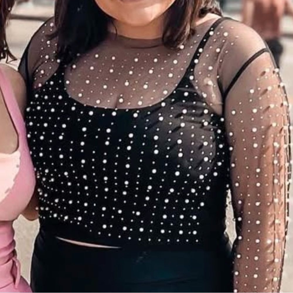 Sheer Black Pearl-Embellished Top